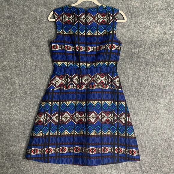 J. Crew Mini Dress 2 Small Blue Geometric Jacquard Fit And Flare Windowpane - Picture 2 of 11